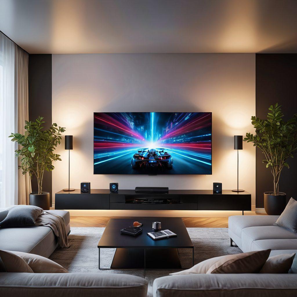 A modern living room setting with a sleek multimedia device at the center, surrounded by people enjoying various forms of entertainment, like gaming, streaming shows, and listening to music. Incorporate vibrant screens showing diverse content like movies and games, emphasizing innovation and transformation. Bright colors and dynamic lighting to convey excitement and engagement. super-realistic. vibrant colors. 3D.