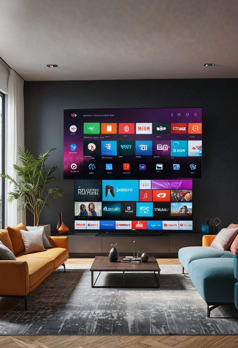 A futuristic living room setting with a sleek TV displaying the XPlayer logo, surrounded by various streaming devices and smart gadgets. Illustrate a family comfortably watching a movie, with vibrant streaming icons and floating media content around them, emphasizing connectivity and seamless user experience. Use bright, inviting colors to convey excitement and innovation. super-realistic. vibrant colors. 3D.