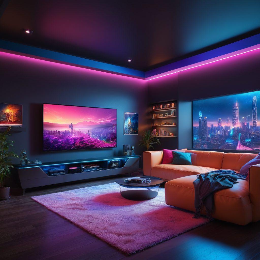 A futuristic living room featuring a sleek media console showcasing a glowing screen streaming diverse entertainment options, with vibrant visuals of movies, music, and gaming. Include a comfortable couch with colorful pillows, popcorn scattered around, and modern ambient lighting that creates a cozy atmosphere. Elements of technology like VR headsets and smart devices can be subtly integrated to represent advanced streaming solutions. cyberpunk. vibrant colors. 3D.